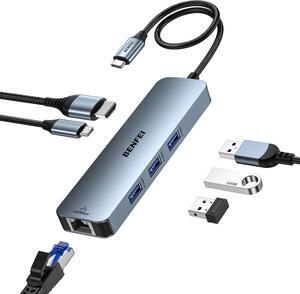 USB C HUB 6-in-1 with HDMI(4K@60Hz) Gigabit Ethernet 100W Power Delivery 3*USB 3.0 Silicone Cable Aluminum Case Compatible with iPhone 15 Pro/Max MacBook iPad Pro iMac S23 XPS17