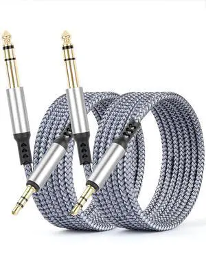 2 Pack 3.5mm to 6.35mm Audio Cable 1/8 to 1/4 TRS Stereo Cable Guitar Stereo Audio Male Cable with Nylon Braided Cord for Laptop Home Theater Equipment Speakers and Amplifiers 6.6ft Silver