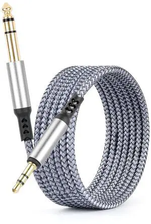 3.5mm to 6.35mm Audio Cable 1/8 to 1/4 TRS Stereo Cable Guitar Stereo Audio Male Cable with Nylon Braided Cord for Laptop Home Theater Equipment Speakers and Amplifiers 1 Pack 6.6ft Silver