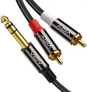 1/4 to Dual RCA Audio Cable [5 FT] Gold Plated Copper Shell Heavy Duty 6.35mm Quarter Inch Male TRS Jack to 2 RCA Phono Male Stereo Y Insert Splitter Adapter Black