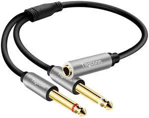 1/4 inch TRS Stereo Splitter Y Adapter 6.35mm Stereo Female to Dual 6.35 mm TS Mono Male Jack Quarter inch Audio Speaker Splitter Converter Cable 1 Feet Gold Plated Connectors