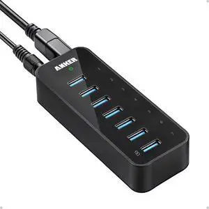 Powered USB Hub for Laptop 7 Ports USB 3.0 Data Hub with 36W Power Adapter and BC 1.2 Charging Port for iPhone 7/6s Plus iPad Air 2 Galaxy S Series Note Series Mac PC USB-Flash Drives