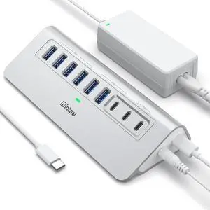 Powered USB Hub 10Gbps 9-Port USB 3.2 Hub USB C Hub with USB A/USB C 3.2 4 USB 3.0 2 PD 45W Charging Ports 65W Power Adapter and 3.3FT Cable Aluminum USB Hub for Laptop iPhone 16/15 PC
