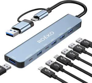 USB Hub 3.0 USB C hub USB hub with USB C Multiport Adapter USB Splitter with 1xUSB 3.0 4xUSB2.0 2 x USB C USB c hub for MacBook Pro/PC/Laptop/Tablet Devices (Grey 7in1)