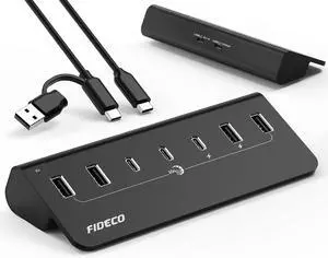 Powered USB Hub 7 Port USB 3.2 Gen 2 10Gbps Fast Data Hub for iPhone 16/15 and Laptop Aluminum USB Splitter with 5V 3A Power Adapter 4 USB-A and 3 USB-C Ports Support BC1.2 Charging