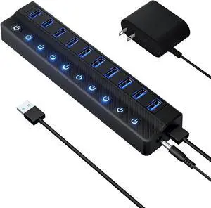 Powered USB Hub 3.0 10-Port USB Splitter Hub with Individual On/Off Switches and 12V/2A Power Adapter USB Extension