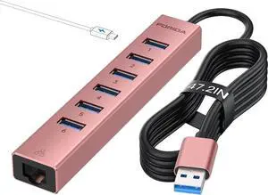 Aluminum USB 3.0 Adapter USB to Ethernet HUB with 120CM Long Cable for Laptop USB Extender with Gigabit Ethernet Port and 5V/3A Power Port 7 Ports USB Hub for iMac PC Flash Drives (Rose Gold)