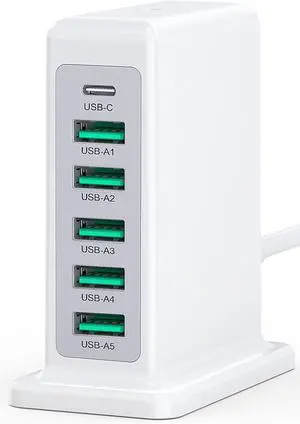Charging Station for Multiple Devices 45W 6 Port USB Charger Charging Block with 1 USB-C 5 USB-A Port Power Strip Plug Charging Multi Travel Chargers for iPhone iPad Tablets Smartphones