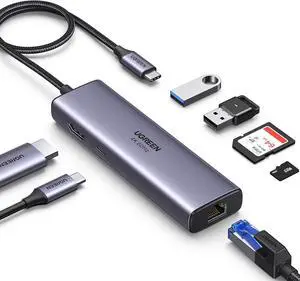 Revodok 7 in 1 USB C Hub Gigabit Ethernet Adapter 4K@60Hz HDMI 100W PD Charging USB A Data Ports SD/TF Card Reader Compatible with Mac M1 M2 M3 iPad iPhone 15 Pro/Pro Max Steam Deck