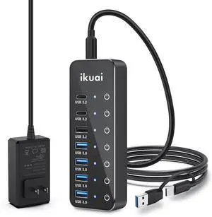 Powered USB Hub 7-Port USB 3.2 / USB C Hub with 3 10Gbps Data Ports (2 USB-C + 1 USB-A) and 4 USB A 3.0 Ports for PC Laptops