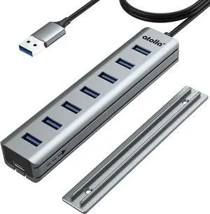 USB Hub 3.0 7-Port USB Hub Splitter with Sliding Rails for Fixing to Table/Host/Tile Wall Edges Compatible with MacBook Laptop Surface Pro PS4 PC Flash Drive Mobile HDD