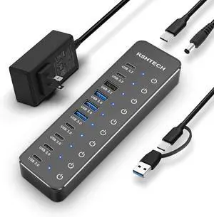 10 Ports Powered USB 3.2/USB C Hub Splitter 60W with 3 x 10Gbps USB 3.2 Ports (2C + 1A),7 x USB 3.0 Ports (4C +3A), 3.3ft Cable and Individual Touch Switches for Laptop PC