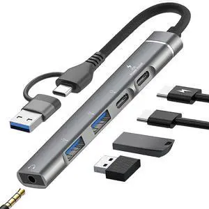 USB C Hub USB 3.0 Hub with 3.5mm Headphone Aux Jack 5-in-1 USB C to USB Adapter USB C Splitter with 15W PD USB 3.0 USB 2.0 USB C Ports USB C Dongle for MacBook Air/Pro XPS iMac iPad Pro
