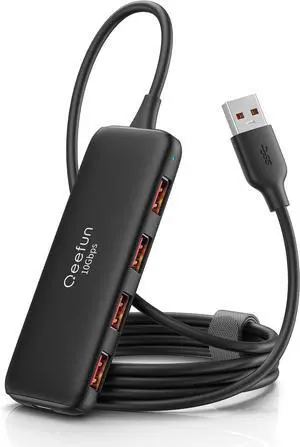 Qeefun 10Gbps USB 3.2 Hub with 4 USB A Data Ports USB 3.2 Gen 2 Splitter 4ft Extended Long Cable and Type-C Power Port USB multiport Adapter for pc Laptop iMac Mac mini  XPS and More