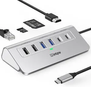 USB C Hub 10-in-1 USB Docking Station Aluminum USB to Ethernet Adapter with 4K HDMI PD 100W 1Gbps Ethernet USB-C and 2 USB A 3.0 5Gbps 2 USB 2.0 SD/TF Slot for MacBook Air/Pro iPad