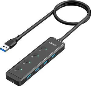 USB 3.0 Hub 5-Port Ultra Slim Data USB Extender with 4*USB A 3.0 Ports + USB C Power Port for Laptop Chromebook   and More 2FT Extended Cable