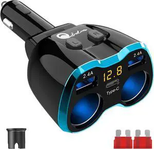 Cigarette Lighter Splitter: USB C 12V Car Charger Adapter 2 Socket Type C Multi 12 Volt Power Outlet 24V DC 80W with LED Voltmeter Switch 6.3A Dual USB Port for Mobile Cell Phone GPS Dash Cam