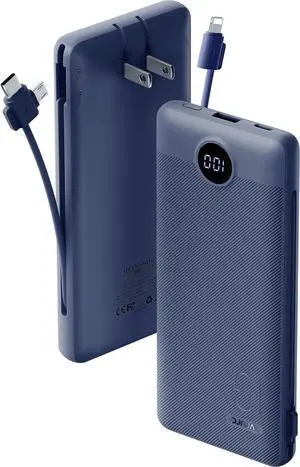 Portable Charger Built-in Cables and AC Wall Plug USB C Power Bank 10000mAh Travel Battery Portable Phone Charger Compact Lightweight External Battery Pack for Smart Phones Tablets etc-Navy