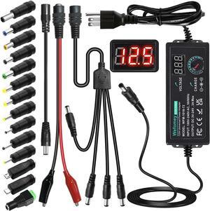 Universal Power Supply 3V~24V 3A 72W Adjustable Variable 3V 5V 9V 12V 18V 20V 24V AC/DC Adapter Charger 100V-240V AC to DC Converter with 14 Tips Polarity Converter and 4-Way Power Splitter Cable
