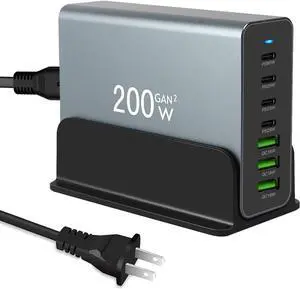 200W Multiple USB Charger Station 7-Ports Aluminum Alloy USB C Charger Block with Max PD 65W 4 PD Type-C 3 QC A Ports Fast Charging Block USB Charging Hub for Phones Tablets Laptop