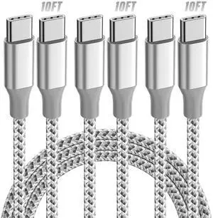 USB C Cable3 Pack 10FT 60W Fast Charging USB C to USB C Cable Durable Type C Charger Cable for iPhone 16/15/iPad MacBook CarPlay and More-Grey White