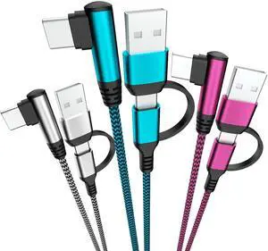 USB C Cable 60W 90°Right Angle Type C Charger Fast Charging Cord [3-Pack 6FT] 2 in 1 Multi USB A/C to USB-C Cables for iPhone 15 Pro Max iPad Pro AIR/Mini 6 MacBook Galaxy S23/S22
