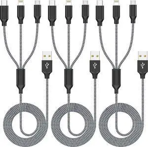Multi Charging Cable 3Pack 4FT Multiple Charger Cable Rapid Nylon Braided Cord USB Charging Cable 3 in 1 Multi Phone Charger Cord with Type C Micro Lightning USB Connectors for Cell Phones