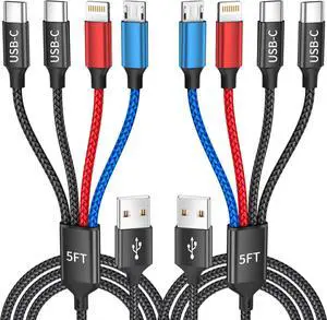 Travel Essentials Dual Type-C 4 in 1 Multi Charging Cable for Multiple Devices USB Cables Universal Phone Charger Cord with IP/Micro/2 USB-C Port for iPhone16/15/14 Android Tablet Pad 2Pack 5FT