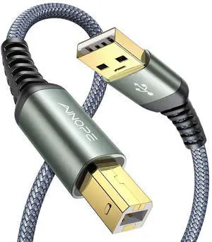 Printer Cable USB A to USB B Priner Cable High-Speed Nylon Braided USB 2.0 MIDI Cable Printer Cord to Computer for HP Canon Brother  Epson Lexmark Xerox 6.6ft/Grey