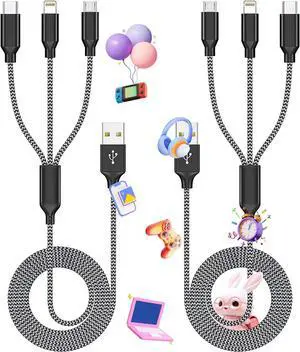 Multi Charging Cable (2Pack 4FT) 3 in 1 Charging Cable for Multiple Devices Nylon Braided Universal Charger Phone Charger Cord with Type-C Micro USB IP Port for iPhone16/15 Series/Phone&Pad