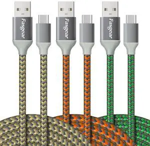 USB C to USB 2.0 Cables 3 Pack 10ft Long 3A Fast Charging USB A to Type-C Charger Cord Braided Compatible with Galaxy S24/S23/S22/S21 Plus Note 10 A70/LG G6/Moto G/PS 5 (Green/Gold/Orange)