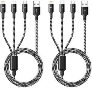 3 in 1 Multiple Charging Cable(2Pack 4Ft) Braided Multi Charger Cord Fast Charging Cable Universal USB Cable with Type C/Micro USB Port for Cell Phones iPhone 16 15 14 13 Series Tablets More