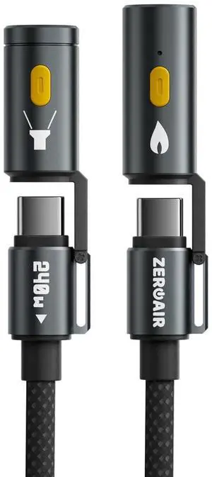 ZEROAIR PowerSpark 4-in-1 Charging Cable 240W Fast Charging & 480Mbps Data Transfer LED Light & Ignition Features Outdoor & Emergency Ready 5ft Nylon Material
