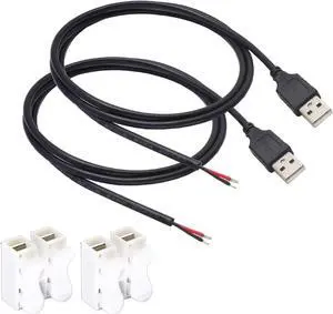 2pcs 1M/3.3Ft 20AWG USB 2.0 Male Plug 2pin Wire DIY Pigtail Cable 5V 5A Black USB Power Cable