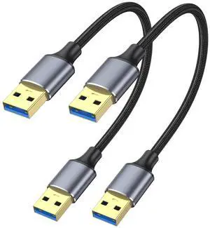 USB 3.0 Cable 1FT 2-Pack Short USB A Male to Male Cord Double Sided Cable Compatible with Hard Drive Laptop Cooler DVD Player and More