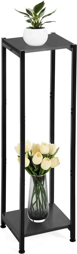 Extra Tall Plant Stand Indoor 40 Inch Plant Stands 2 Tier Metal Plant Stand with Heavy Duty Wood Black