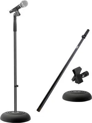 Adjustable Microphone Stand - Universal Mic Stand with Compact Heavy Base Floor Standing Design Height Adjustable Pivot Angle Clip for Singing & Recording (2.8 - 5 ft. 9.8 Base Diameter)