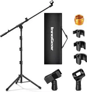 Microphone Stand Tripod Boom Arm Floor Mic Stand Height Adjustable Heavy Duty with Carrying Bag 2 Mic Clips 3/8 to 5/8 Adapter for Singing Podcast for Blue Yeti Shure SM58 SM48 Samson Q2U