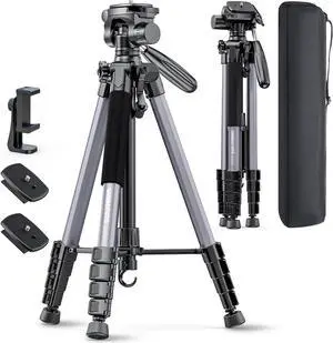 74-Camera-Tripod Professional Aluminum Tripod/Leg Stand Mirrorless Camera/DSLR/Cell Phone/Camcorder/GoPro with Phone Holder and Travel Bag (Gunmetal Gray) Weight 2.8 lbs Load 8.8 lbs
