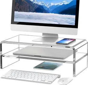 Clear Acrylic Monitor Stand Riser 2 Tier 5.12 Inches High Clear Computer Desk Organizer Shelf for Multi Media PC Storage Laptop