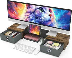 Dual Monitor Stand Riser with Two Drawers Extra Large Storage for 2 Monitors Desktop Oraganizer Computer Laptop Screen Printer TV