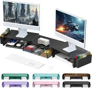 Dual Monitor Stand Riser Desk Organizer With Drawer and 2 Pen Holders Computer Monitor Stand Desk Shelf for Top of Desk Balck