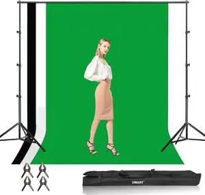 Photo Video Studio Backdrop Stand Kit 8.5x10ft Adjustable Photography Greenscreen Support System with 3 Polyester Backgrounds for Photoshoot (Black White Green)