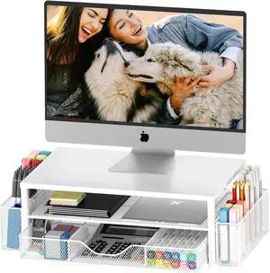 Desk Organizers and Accessories 2-Tier Computer Monitor Stand for Desk Organizer with Drawer and 2 Pen Holders Office Desk Accessories Workspace Desktop Organizers for Office Supplies White
