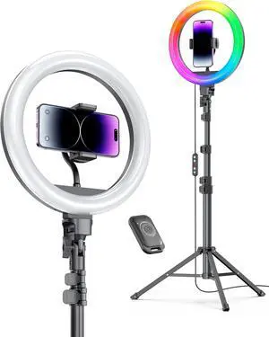 12 Ring Light with Stand 72 Tall & 2 Phone Holders 38 Color Modes Selfie Light with Tripod Stand Big LED Ring Light for iPhone/Android/Camera YouTube Makeup