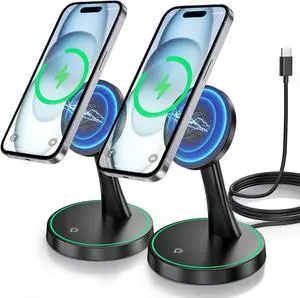 2 Pack Magnetic Wireless Charger Stand 15W Fast Mag-Safe Charger for iPhone 16/16 Pro/16 Plus/16 Pro Max/15/14/13/12 Series Magnet Wireless Charging Station/Pad with Sleep-Friendly Light for AirPods