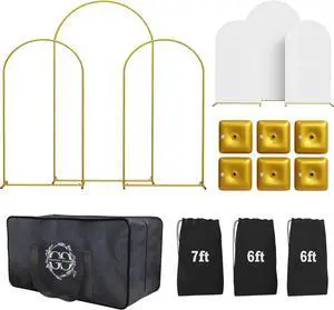 Metal Arch Backdrop Stand and Cover Set  3 Gold Frames (7.2ft 6ft x2) with White Wrinkle-Free Spandex Covers Water Weights Bags & Case  Wedding Birthday Baby Shower Party Decor