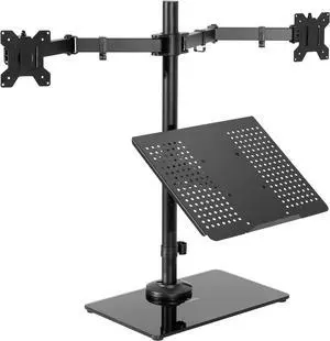 Freestanding Dual Computer Monitor and Laptop Combo Desk Stand with Glass Base Fits up to 32 inch Monitors and 17 inch Laptops Black STAND-V003FGL
