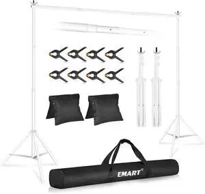 Backdrop Stand 10x7ft(WxH) Photo Studio Adjustable Background Stand Support kit with 2 Crossbars 8 Clamps 2 Sandbags and Carry Bag for Parties Events Decoration Wedding Photography -White