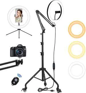 12 Ring Light with 81 Tripod Stand Folded Arm Overhead Camera Mount Phone Holder with Casters 3 Color Modes LED Selfie Light for Video Recording Photography Live Streaming TikTok YouTube
